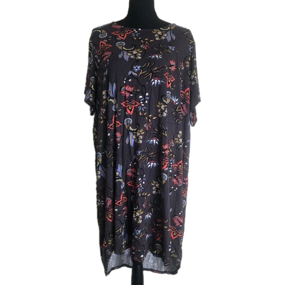 T Tahari Shift Dress Midi Plus Size 3X Stretch Hi-Low Hem Gray Floral Colorful
